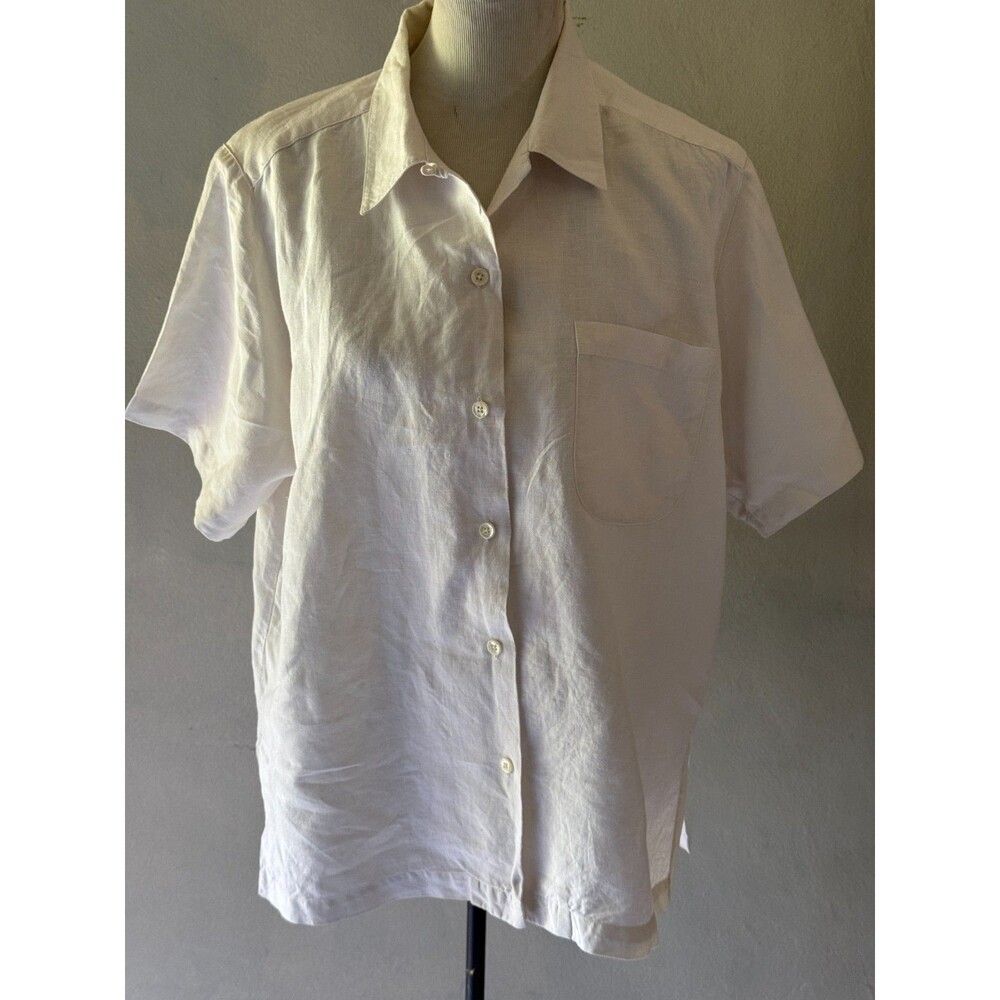 Edward Oversized Heavy White Linen Short Sleeve Button Front Top Size Large